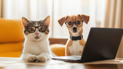 A cute cat and dog, both wearing glasses, sitting in front of a laptop, appearing as if they are working together. Ideal for humor, pets, and work-from-home concepts.