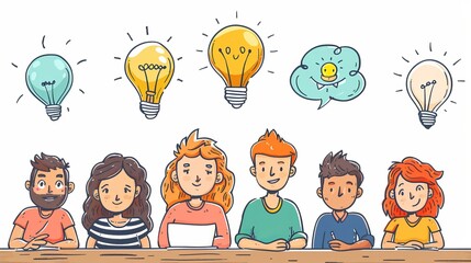 Cartoon vector brainstorming session with diverse team members sharing ideas