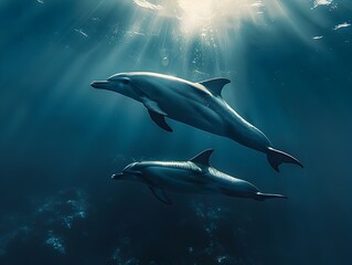 Obraz premium Serene Underwater Scene of Dolphin Mother and Calf Swimming Together in Beam of Sunlight