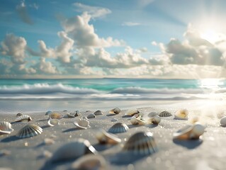 Obraz premium 3D beach scene with dry sand and seashells transitioning to wet sand, facing the bay with the sky.