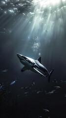 Fototapeta premium A shark is swimming in the ocean with a school of fish