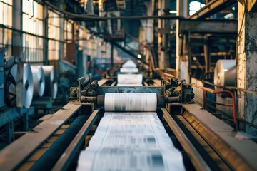 A machine is printing newspapers on a conveyor belt