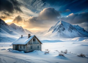Frozen, snow-covered tundra landscape in Arctic winter, featuring an abandoned house surrounded by frosty mountains, under a cold, grey polar sky in Russia's Far North.