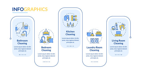 Obraz premium Housekeeping cleaning rectangle infographic vector. Laundry washing. Residential cleaners. Data visualization with 5 steps. Editable rectangular options chart. Lato-Bold, Regular fonts used