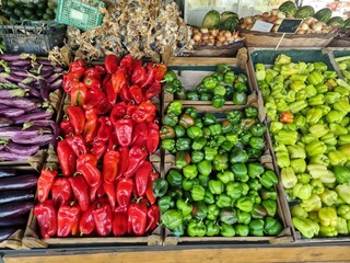 fruits in kiosk autun season grapes tomatoes plums lemons cherries vegetables