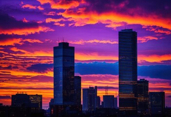 vivid dusk silhouettes urban skyline colorful evening sky gradients blue, architecture, backdrop, beauty, clouds, contemporary, design, duskcolors