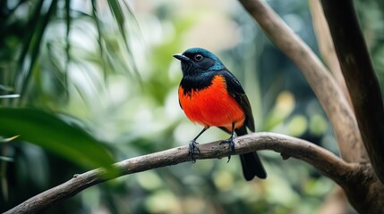 Vibrant Red and Blue Bird Perched on Branch