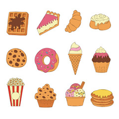 Desserts and sweet foods. Delicious dessert. Donut, cupcake, waffle, cheesecake, bun, ice cream, cookie, croissant, popcorn, pancakes.