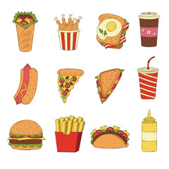 Fast food set. Hotdog, burrito, soda, taco, hamburger, pizza, french fries, sandwich, fried chicken, mustard.