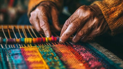 Close up of Artisan hands carefully weaving a colorful tapestry on a traditional loom, vibrant threads intertwining to create a detailed pattern, soft natural light enhancing textures.