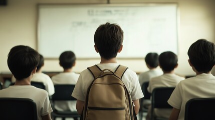 Fototapeta premium Engrossed Young Minds: A classroom of students, seen from behind, attentively focus on a lesson, their backpacks neatly aligned, symbolizing the pursuit of knowledge and the universal language 