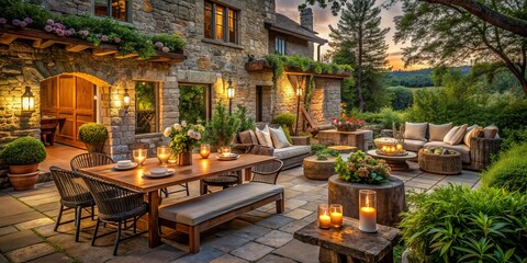 Naklejka premium rustic farmhouse outdoor patio natural stone walls reclaimed wood furniture lush greenery verdant landscape warm candlelight cozy rural retreat peaceful evening escape