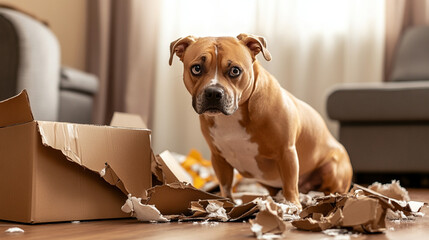 dog with broken box, damaged delivery box, dog bite box
