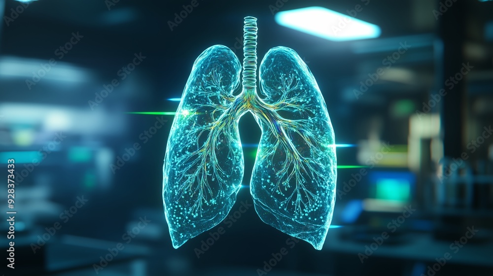 Poster 3d visualization of human lungs in a modern laboratory setting with glowing details highlighting the