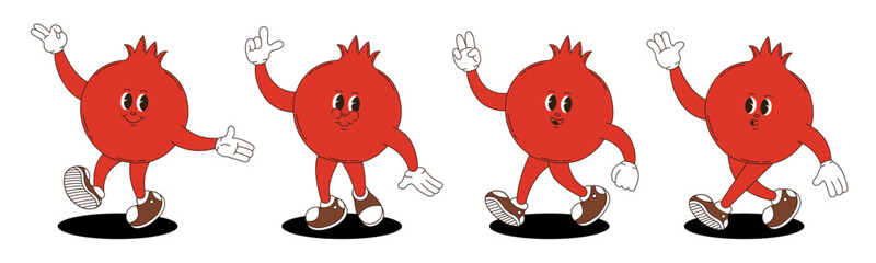 Pomegranate in retro groovy style. Groovy retro characters of pomegranate.