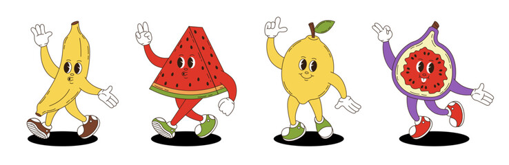 Fruits set in retro groovy style. Groovy retro characters of banana, watermelon, lemon, fig.