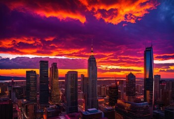 vibrant sunset casting bold silhouettes over urban skyline vivid colors dramatic cloud patterns, clouds, evening, city, horizon, light, architecture