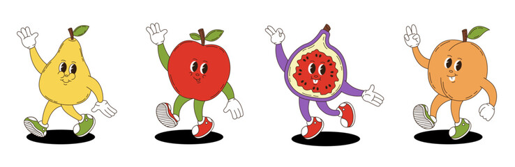Fruits set in retro groovy style. Groovy retro characters of pear, apple, fig, peach.