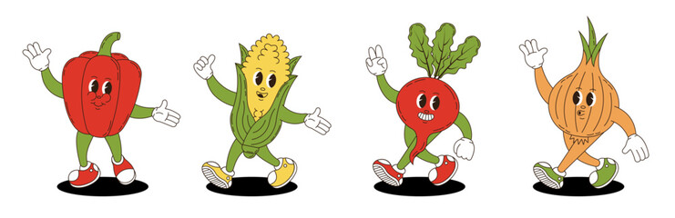 Vegetables set in retro groovy style. Groovy retro characters of bell pepper, corn, radish, onion.