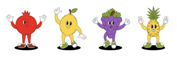 Fruits set in retro groovy style. Groovy retro characters of pomegranate, lemon, grapes, pineapple.