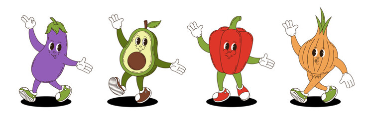 Vegetables set in retro groovy style. Groovy retro characters of eggplant, avocado, bell pepper, onion.