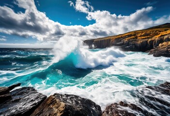 breathtaking ocean vista featuring powerful waves crashing rocky shoreline under clear blue sky, beach, coastline, sea, rocks, water, horizon, nature