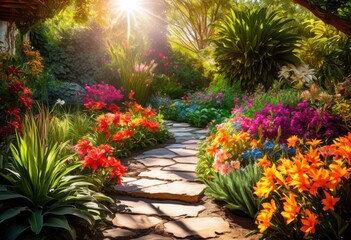 Fototapeta premium vibrant outdoor spaces featuring lively colorful lush greenery bright natural environment, plants, flowers, garden, landscape, nature, blossom, leaf, petal