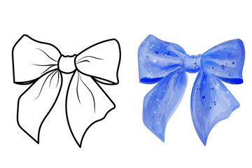 Set of bows. Vector illustrations of blue and outline tied bow