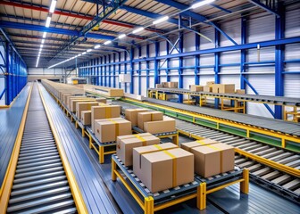 High-tech autonomous conveyor belt system, equipped with artificial intelligence, efficiently sorts and prepares parcels for delivery in a modern, bustling logistics warehouse facility.
