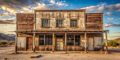 weathered saloon facade with faded signage and broken windows in desert landscape color distressed...