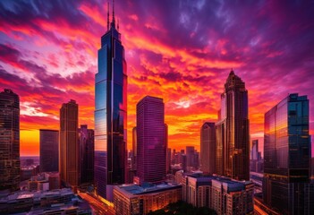 Fototapeta premium vibrant city skyline sunset featuring dramatic clouds sky displaying bright hues stunning colors, cityscape, orange, pink, blue, light, reflection, buildings