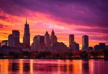 Obraz premium stunning vibrant skyline silhouettes beautiful sunset hues creating captivating urban landscape, aesthetic, architecture, artistic, backdrop, beauty, blue