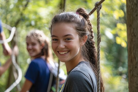 Students engaging in outdoor team-building activities, such as rope courses and group challenges in a nature reserve