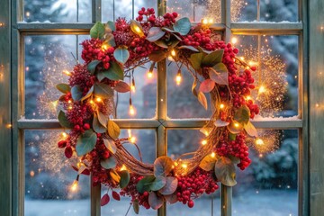 sparkling crimson eucalyptus wreath adorned festive fairy lights on snowflakes kissed windowpane