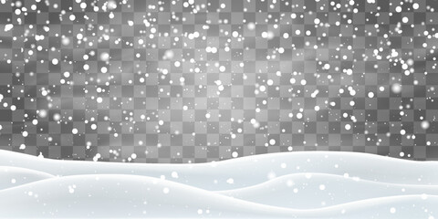 Vector heavy snowfall with snowbanks field. Christmas vector illustration. Snow flakes, snow and blizzard falling on snowdrifts. Snow landscape decoration, frozen hills isolated on png background