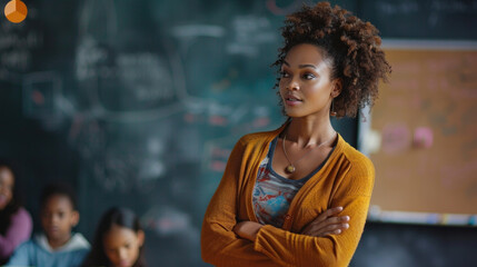 Fototapeta premium A beautiful dark-skinned female teacher is standing teaching or imparting knowledge to her students.