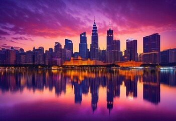 Fototapeta premium stunning vibrant city skyline twilight sparkling reflections water illuminated city lights, architecture, buildings, cityscape, urban, illumination, river