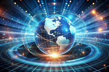 Obraz premium Illuminated rotating globe surrounded by circular rays, overlaid with numeric data, set against a futuristic abstract background, representing digital globalization and technological growth.