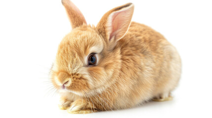 Obraz premium A brown fluffy rabbit is looking at the camera on a white background