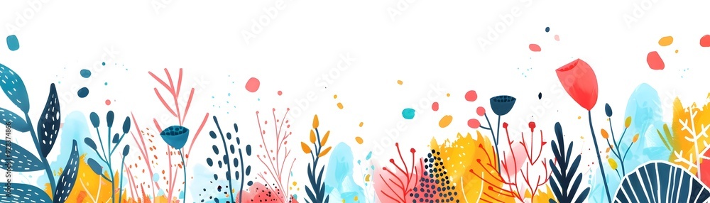 Poster colorful hand drawn abstract frame with floating shapes and floral patterns against white background