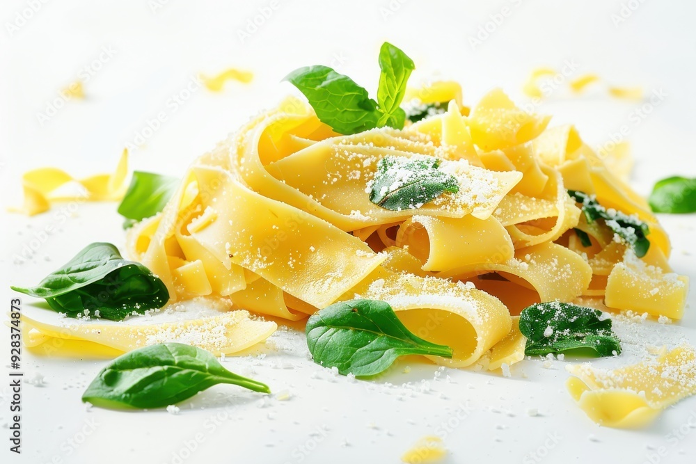 Poster delicious pasta with spinach cheese and sauce on white background