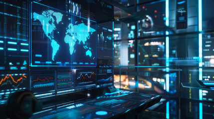 Holographic displays of global data on futuristic control panel