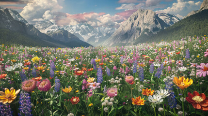 A field of various flowers surrounded by mountains as a backdrop.