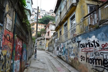 Naklejka premium Colorful Graffiti with Tourist Message on Weathered Street Wall