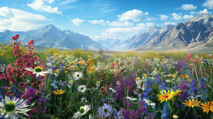 Obraz premium A field of various flowers surrounded by mountains as a backdrop.