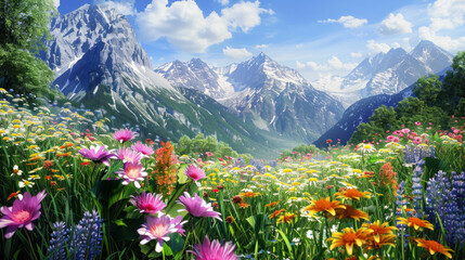 Fototapeta premium A field of various flowers surrounded by mountains as a backdrop.