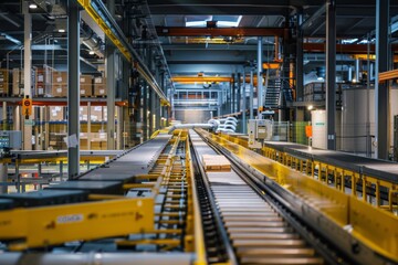 Modern warehouse distribution center with conveyor belt system
