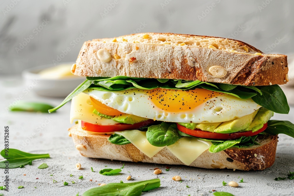 Poster Delicious sandwich with egg cheese and avocado on a light backdrop