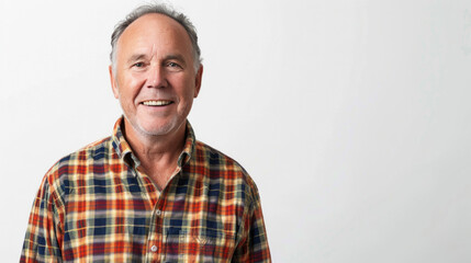 Obraz premium A middle-aged man in a plaid shirt stands smiling and looking at the camera against a white background