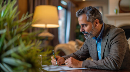 A middle-aged man signs a lease with a real estate agent while looking at apartments.